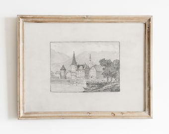 Lucerne Sketch | Vintage Swiss City Drawing | Black and White European Cityscape | Digital Download | 81