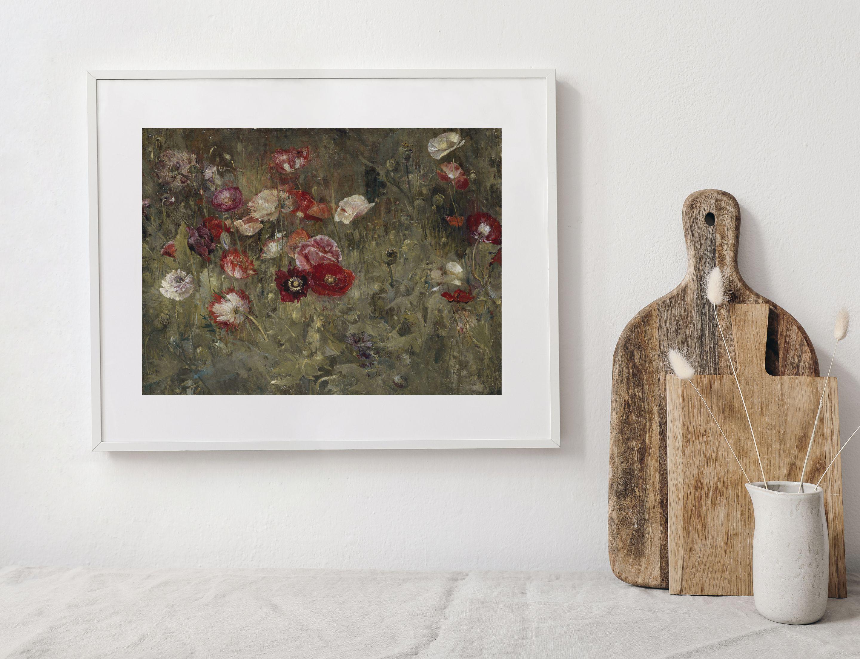 ポピーの花壇 | ヴィンテージの花の風景画 | 花畑アート | デジタル 