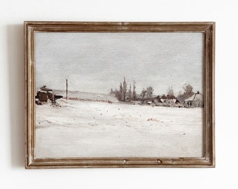 Winter Farm | Vintage Snow Field Landscape Painting | Winter Farmhouse Decor | Digital Download | 321