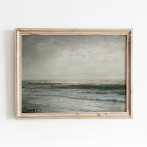 Humeurig groen strand | Vintage oceaan zeegezicht strand schilderij | Watergolven zand kunst | Afdrukbare kunst | 99