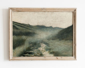 Foggy Stream | Vintage Landscape Oil Painting | Green Grass Waterlily Creek River Art | DIGITAL DOWNLOAD | 71