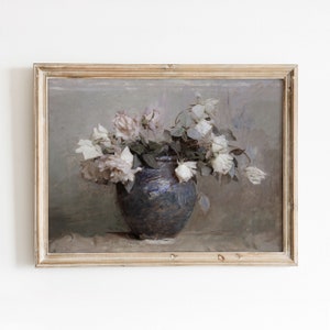 Rose in un vaso di ceramica / Natura morta di fiori vintage / Dipinto ad olio / Arte stampabile / 68