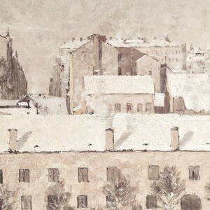 May include: A painting of a snowy cityscape with buildings in shades of brown and white. The roofs of the buildings are covered in snow, and the sky is a pale gray.