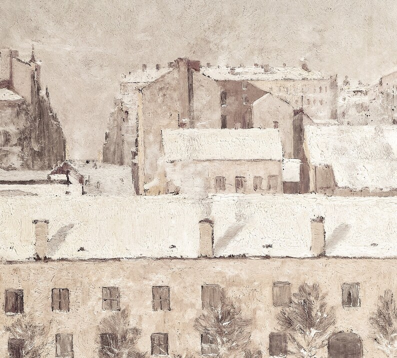 May include: A painting of a snowy cityscape with buildings in shades of brown and white. The roofs of the buildings are covered in snow, and the sky is a pale gray.