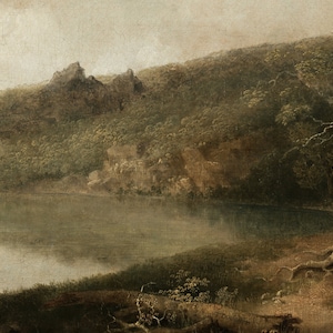 May include: A painting depicting a misty lake scene with a rocky hillside in the background. The lake is calm and still, with a soft, hazy atmosphere. The hillside is covered in trees and foliage, with a few rocky outcroppings visible. The painting is done in a muted palette of browns, greens, and grays.