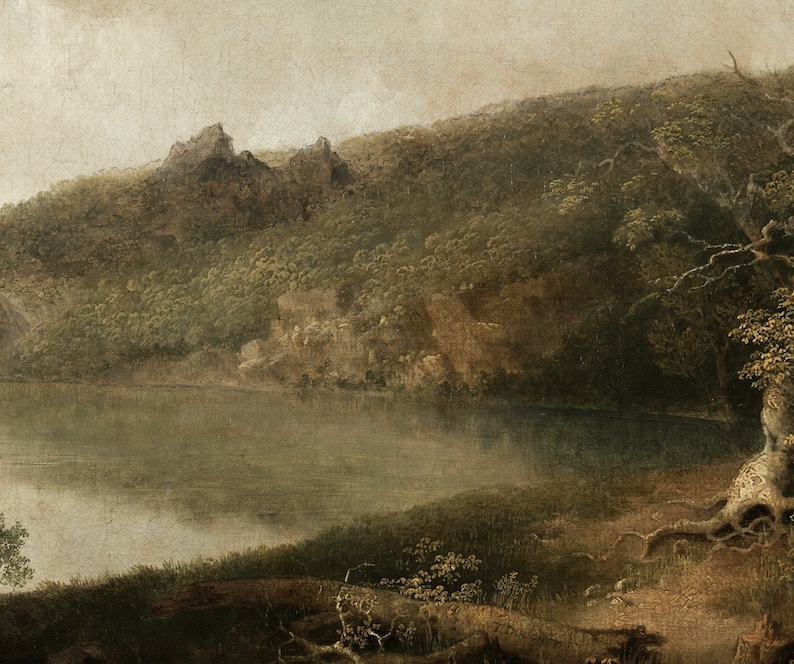 May include: A painting depicting a misty lake scene with a rocky hillside in the background. The lake is calm and still, with a soft, hazy atmosphere. The hillside is covered in trees and foliage, with a few rocky outcroppings visible. The painting is done in a muted palette of browns, greens, and grays.