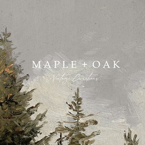Op de afbeelding: Een schilderij van een boslandschap met twee dennenbomen op de voorgrond en een lichtgrijze lucht. De tekst "MAPLE + OAK Vintage Curations." staat in het midden van het beeld.