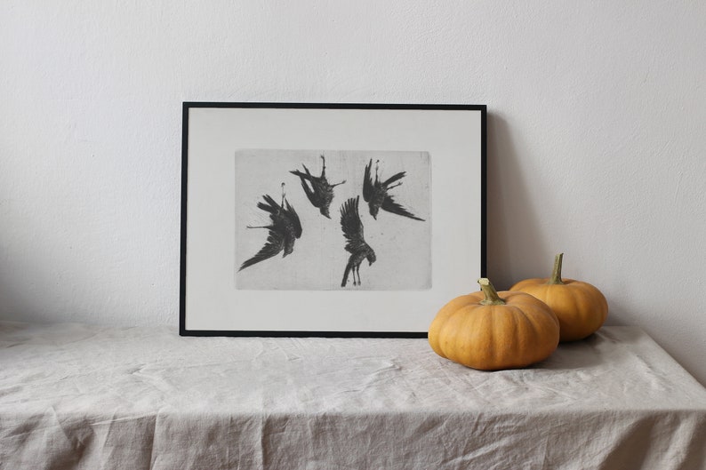 Four Ravens Vintage Dark Bird Art Black and White Artwork Etching Digital Download 378 image 2