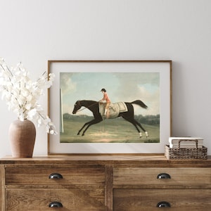 May include: A framed print of a horse race scene. The artwork depicts a black horse in mid-stride with a jockey wearing a red jacket and black cap. The background shows a green field and a light blue sky.