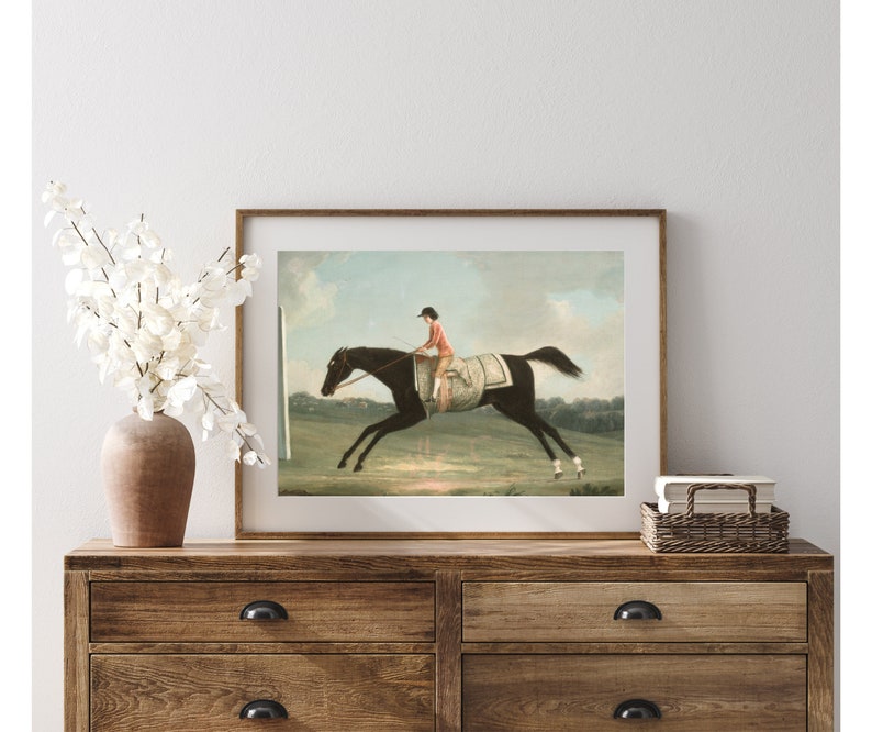 May include: A framed print of a horse race scene. The artwork depicts a black horse in mid-stride with a jockey wearing a red jacket and black cap. The background shows a green field and a light blue sky.