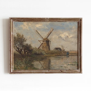 Brown Windmill Landscape | Vintage Moody Oil Painting | Dutch Scenery Farmhouse Decor | Printable Art | 121