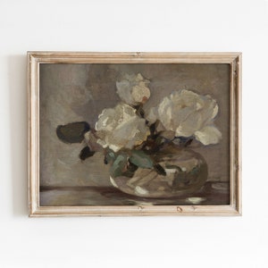 May include: A framed painting of a still life featuring a bouquet of white flowers in a vase. The flowers are painted in a loose, impressionistic style, with soft brushstrokes and a muted color palette.