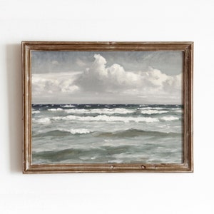 Oceaan + Wolken | Vintage zeegezicht schilderij | Vintage oceaan bewolkte hemel schilderij | Afdrukbare kunst | 54