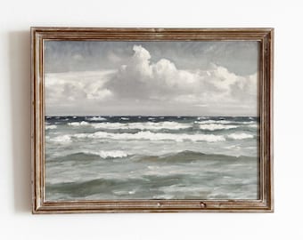 Ocean + Clouds | Vintage Seascape Painting | Vintage Ocean Cloudy Sky Painting | Printable Art | 54