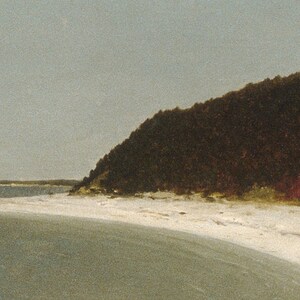 May include: A scenic view of a sandy beach with a green shoreline and a dark green forested hill in the background.