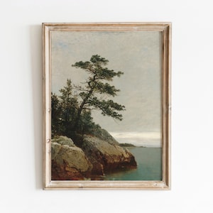 Puede incluir: Una pintura enmarcada que representa una costa rocosa con un gran pino creciendo en el borde del agua. El cielo es de un azul claro con nubes blancas. El agua es de un azul profundo.