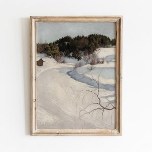 Pu&ograve; includere: Un dipinto incorniciato che rappresenta un paesaggio invernale innevato con una piccola capanna in primo piano e un bosco sullo sfondo.
