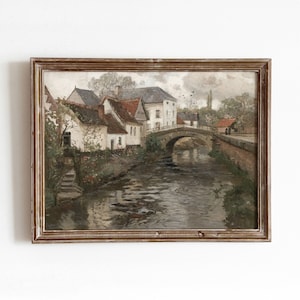 Belgian Village Canal | Vintage Town Oil Painting | European Cityscape Art | DIGITAL DOWNLOAD | 136