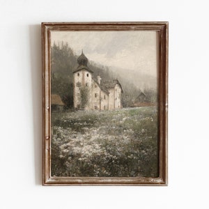 Church on the Hill | Vintage Village Painting | Flower Field Landscape | Religious Art | Digital Download | 332