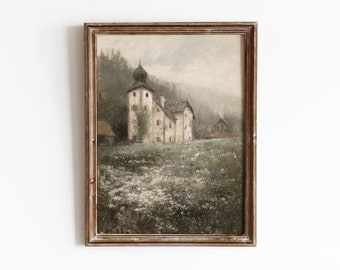 Kirche auf dem Hügel | Vintage Dorf Gemälde | Blumenfeld Landschaft | Religiöse Kunst | Digitaler Download | 332