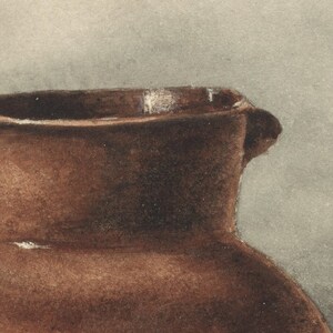 May include: Close-up of the top of a brown ceramic pot with a rounded lip.