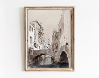 Venetië aquarel | Vintage stadsgracht schilderij | Europese architectuurkunst | Neutraal decor | Digitale download | 50