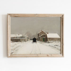 Winter Carriage Landscape | Vintage Snowy Village Painting | Rural Winterscape | Digital Download | 413