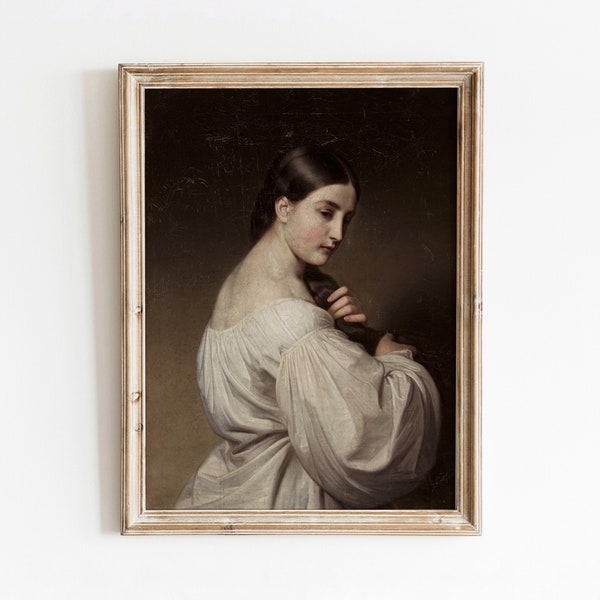 Young Woman in White | Vintage Lady Portrait | Historic Art | Long Hair Painting | Digital Download | 374