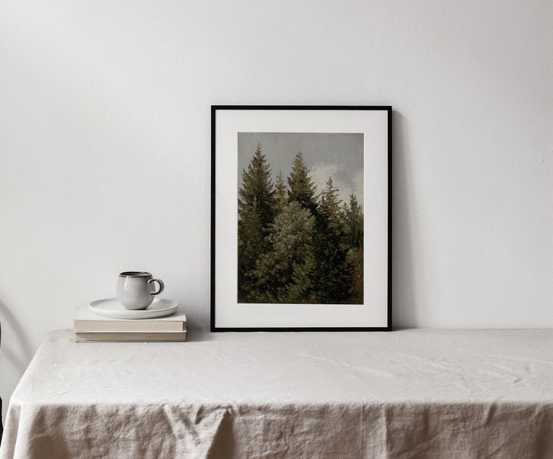 Op de afbeelding: Een ingelijste print van een bos sc&egrave;ne met hoge, donkergroene bomen tegen een bewolkte lucht.