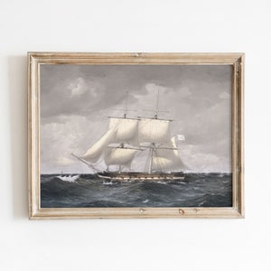 White Sails | Vintage Ship Oil Painting | Antique Nautical Art | Boat Sailing at Sea | Digital Download | 247