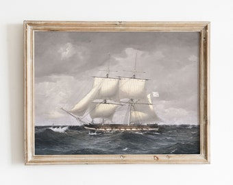 White Sails | Vintage Ship Oil Painting | Antique Nautical Art | Boat Sailing at Sea | Digital Download | 247