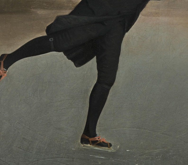May include: A close-up of a person's leg wearing black tights and brown leather ice skates. The person is skating on a grey ice surface.