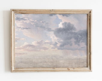 Wolken bij zonsondergang | Vintage bewolkte hemel olieverfschilderij | Paars en kies wanddecoratie | Digitale download | 254