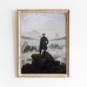 Man on a Rock | Vintage Portrait Landscape Painting | Foggy Mountains Art | Printable Art | 32