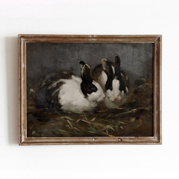 Dutch Rabbits | Vintage Animal Painting | Black and White Bunny Art | Easter Decor Art | Digital Download | 665