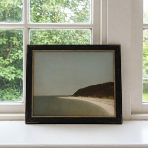 May include: A framed photograph of a seascape with a sandy beach and a wooded hillside in the distance. The photograph is in a black frame with a gold trim.
