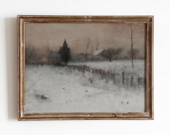Winterschemering | Vintage landschapsschilderij sneeuwboerderij | Landelijke plattelandskunst | Digitale download | 811
