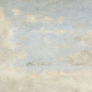 Pu&ograve; includere: Un dipinto di un cielo nuvoloso con uno sfondo blu chiaro e nuvole bianche. Le nuvole sono dipinte con una pennellata testurizzata.