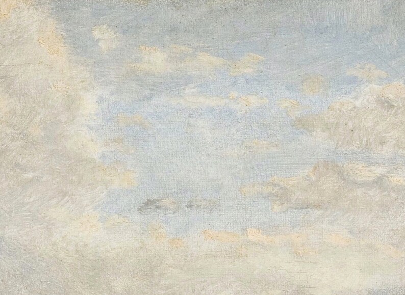 Pu&ograve; includere: Un dipinto di un cielo nuvoloso con uno sfondo blu chiaro e nuvole bianche. Le nuvole sono dipinte con una pennellata testurizzata.