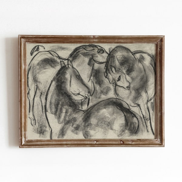 Trois étalons | dessin de croquis de cheval vintage | Art mural minimal | Noir et blanc | Téléchargement numérique | 232