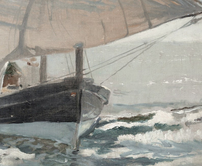 May include: A close-up of a ship's bow cutting through choppy water. The ship is painted black with a white stripe along the bottom. The sails are billowing in the wind, creating a sense of movement and energy.
