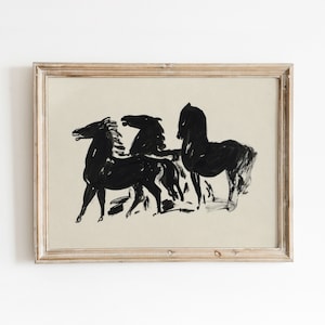 Zwart paard schets schilderij Vintage minimale dierentekening Zwart-witte kunst Afdrukbare download 108 afbeelding 1