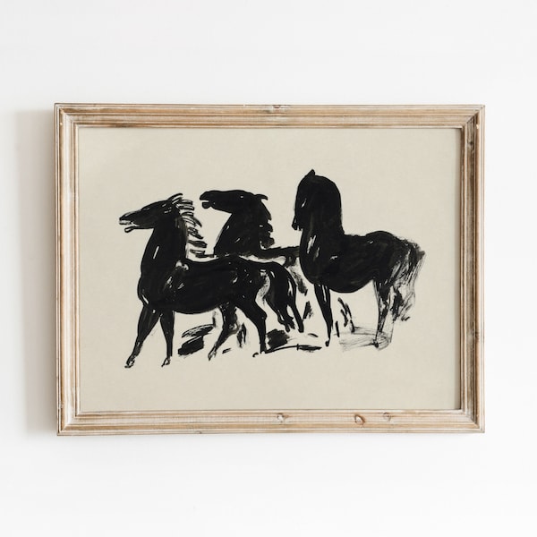 Peinture de croquis de cheval noir | vintage minimaliste dessin animal | Art noir et blanc | Téléchargement imprimable | 108