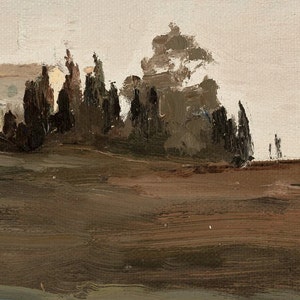 May include: A painting of a landscape with a row of trees in the foreground and a hazy sky in the background. The trees are painted in shades of brown and green, and the sky is a pale blue.