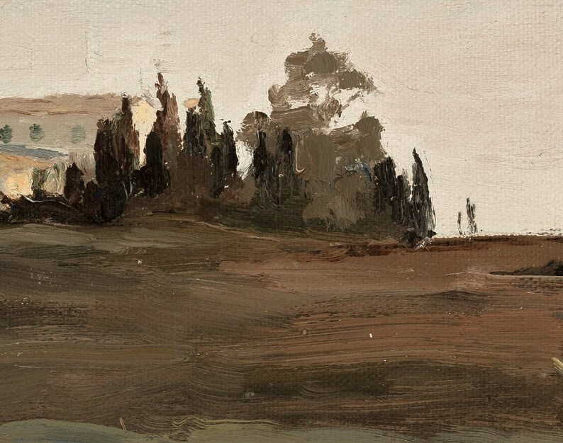 May include: A painting of a landscape with a row of trees in the foreground and a hazy sky in the background. The trees are painted in shades of brown and green, and the sky is a pale blue.