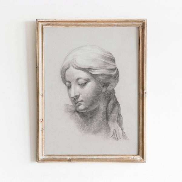 Sculpture Study | Vintage Marble Bust Drawing | Black and White Woman Art | Digital Download | 515