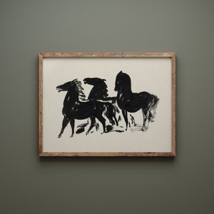 Zwart paard schets schilderij Vintage minimale dierentekening Zwart-witte kunst Afdrukbare download 108 afbeelding 3