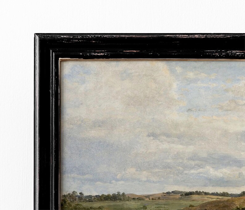Pu&ograve; includere: Un dipinto incorniciato in nero che rappresenta un paesaggio con un cielo nuvoloso e un campo in primo piano.