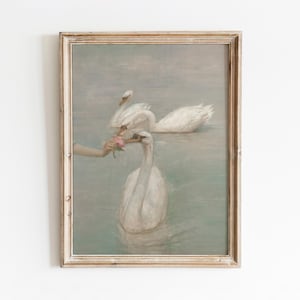 Swans + Flower | Vintage Animal Waterscape | White Bird Art | Pink Floral Painting | Digital Download | 853