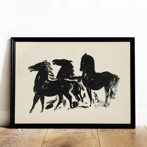 Zwart paard schets schilderij Vintage minimale dierentekening Zwart-witte kunst Afdrukbare download 108 afbeelding 2